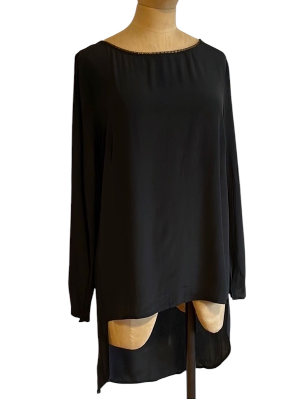 Patrizia Pepe Top LG Black Tunic High Low Blouse Semi Sheer Careerwear Minimal